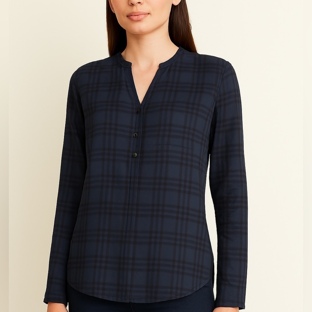 VINCE Plaid Split Neck Popover Blouse XS Navy Blue Lightweight Semi Sheer